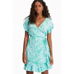 Billabong Wrap and Roll Dress Green/Blue Palm Print Leaves Size M